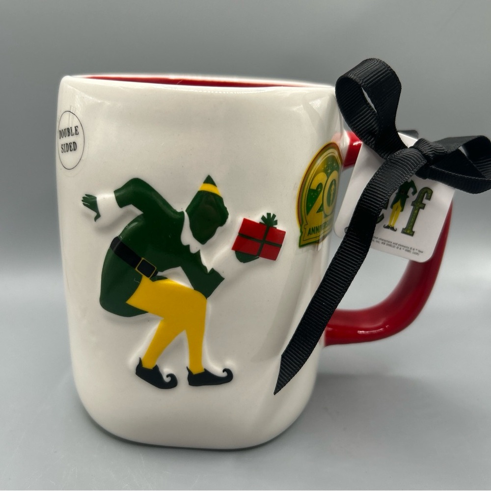 Rae Dunn RAISED BY ELVES 20th Anniversary ELF Red Handle Double Sided Mug NEW